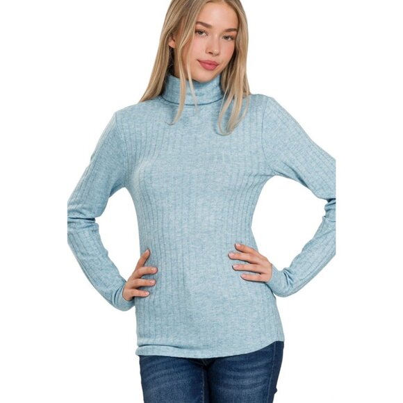 Zenana Dusty Teal Ribbed Long Sleeve Turtle Neck Top NEW - Picture 1 of 1